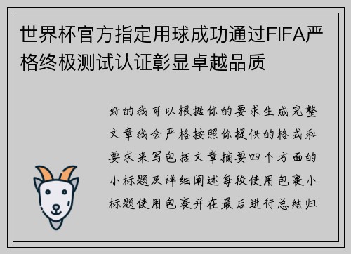 世界杯官方指定用球成功通过FIFA严格终极测试认证彰显卓越品质